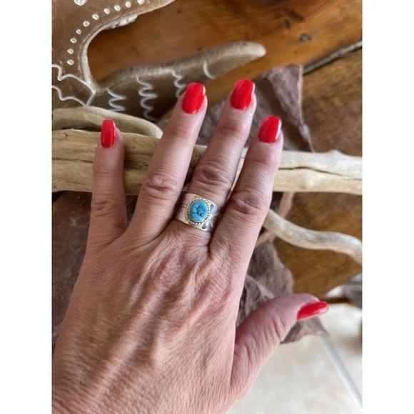 Navajo Sterling Silver Turquoise Cigar Band Ring - Picture 11 of 11